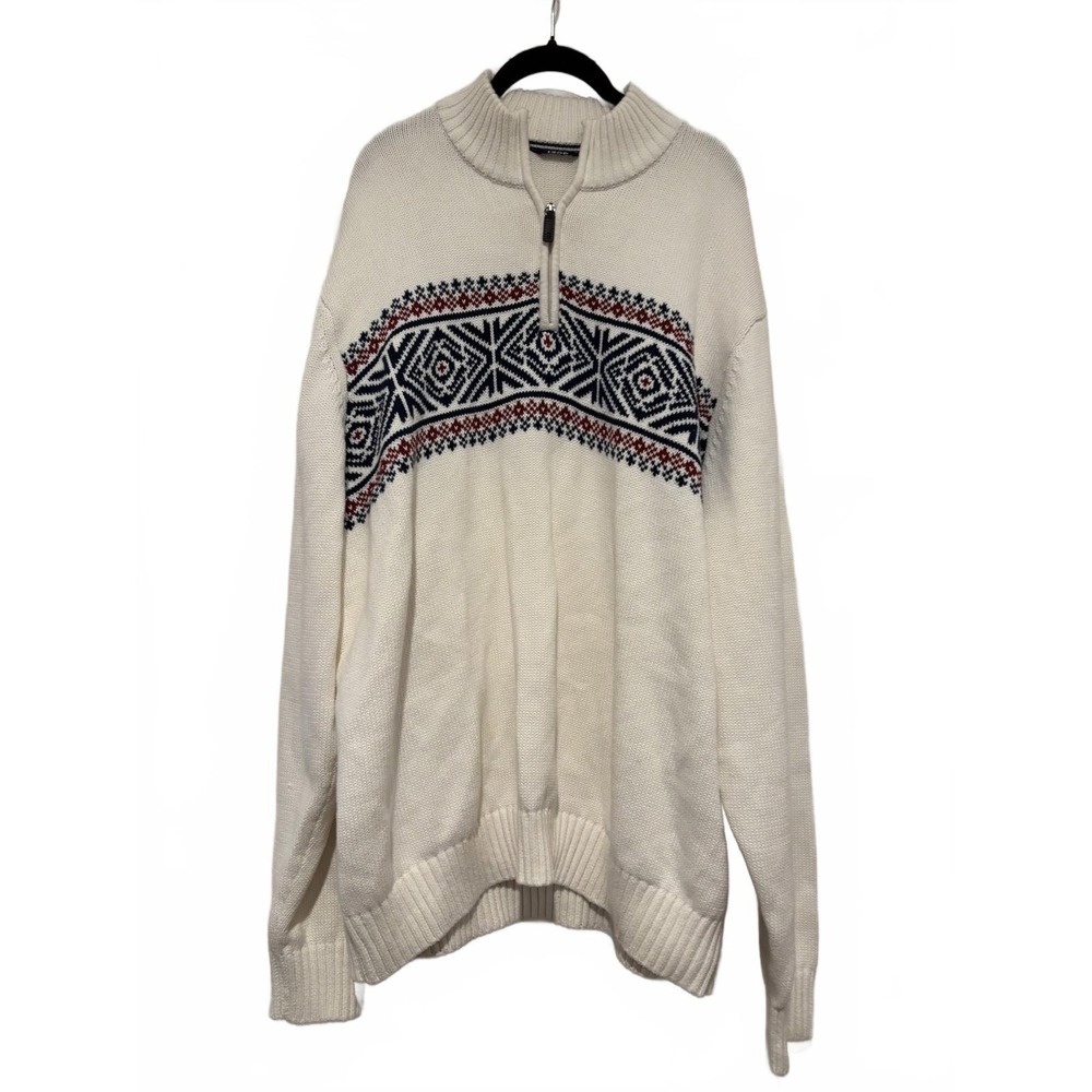 Vintage men sz XXL cream partial zip up w/ collar decorative design on chest1339